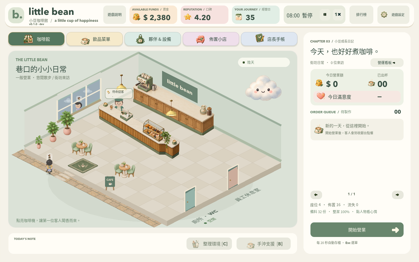 小豆咖啡館的遊戲畫面，包含店內夥伴與經營選單